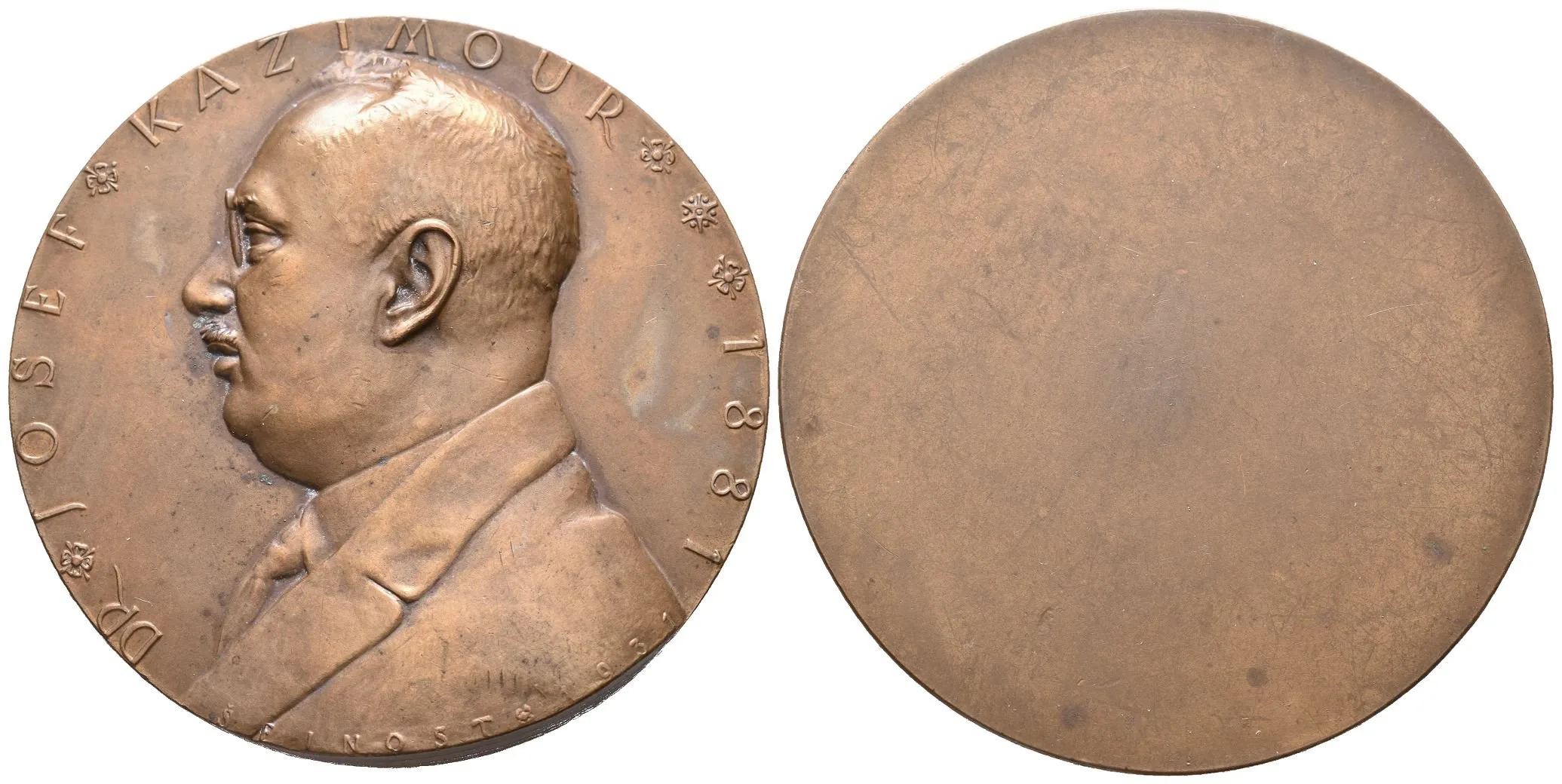 AE Medaile 1931 - Josef Kazimour, prezident ČAVU - k 50. narozeninám. Poprsí zleva, opis. — 1