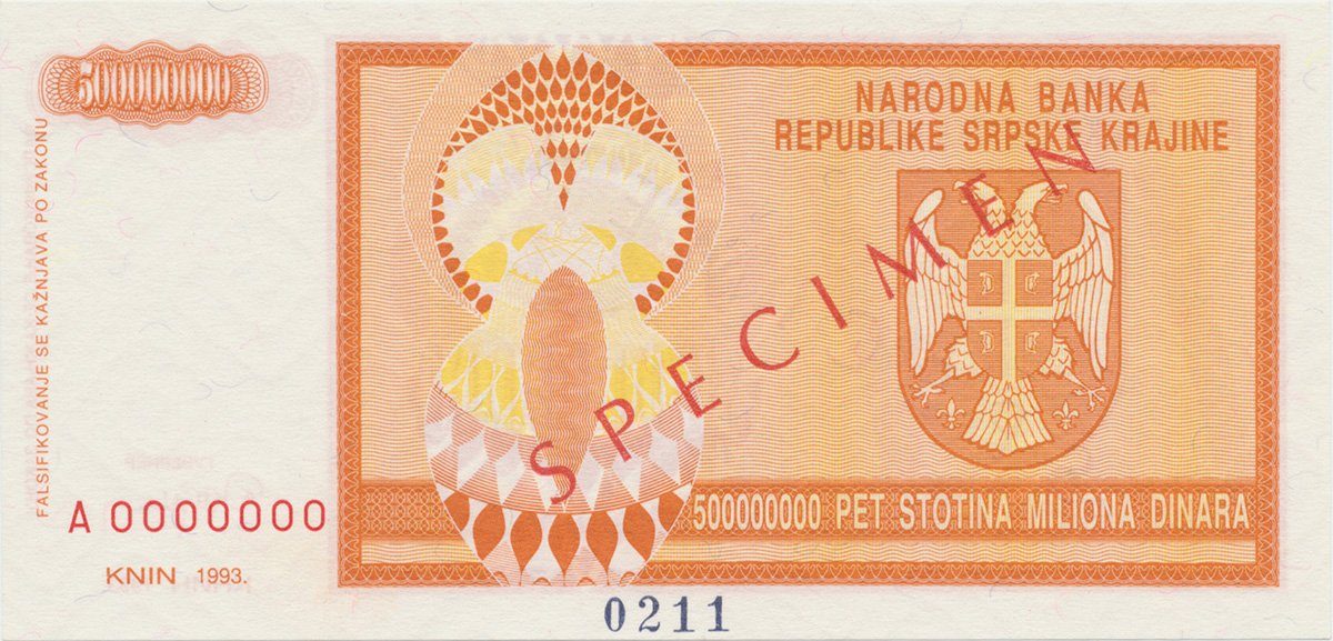 Chorvatsko, 500 Miliona Dinara 1993, anulát - SPECIMEN, P.R16s