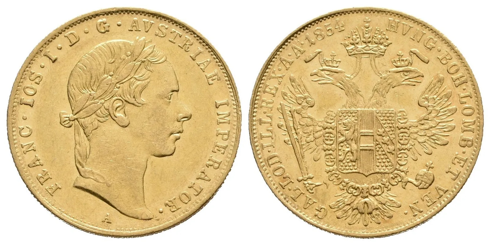 Dukát 1854 A, velmi pěkná zachovalost, zbytky lesku, rysky — 1