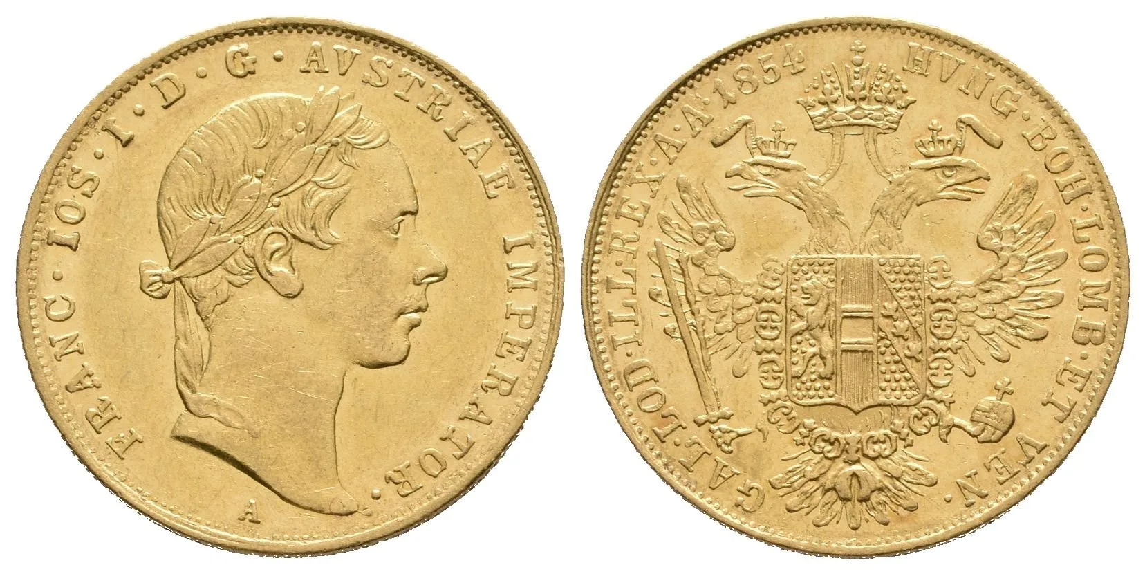 Dukát 1854 A, velmi pěkná zachovalost, zbytky lesku, rysky — 1