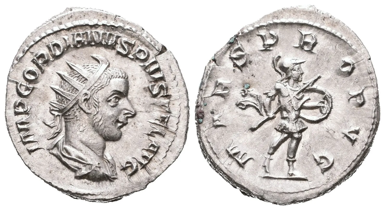 Antoninian, 243 - 244, Rv: MARS PROPVG, kráčející Mars doprava nese oštěp a štít, — 1