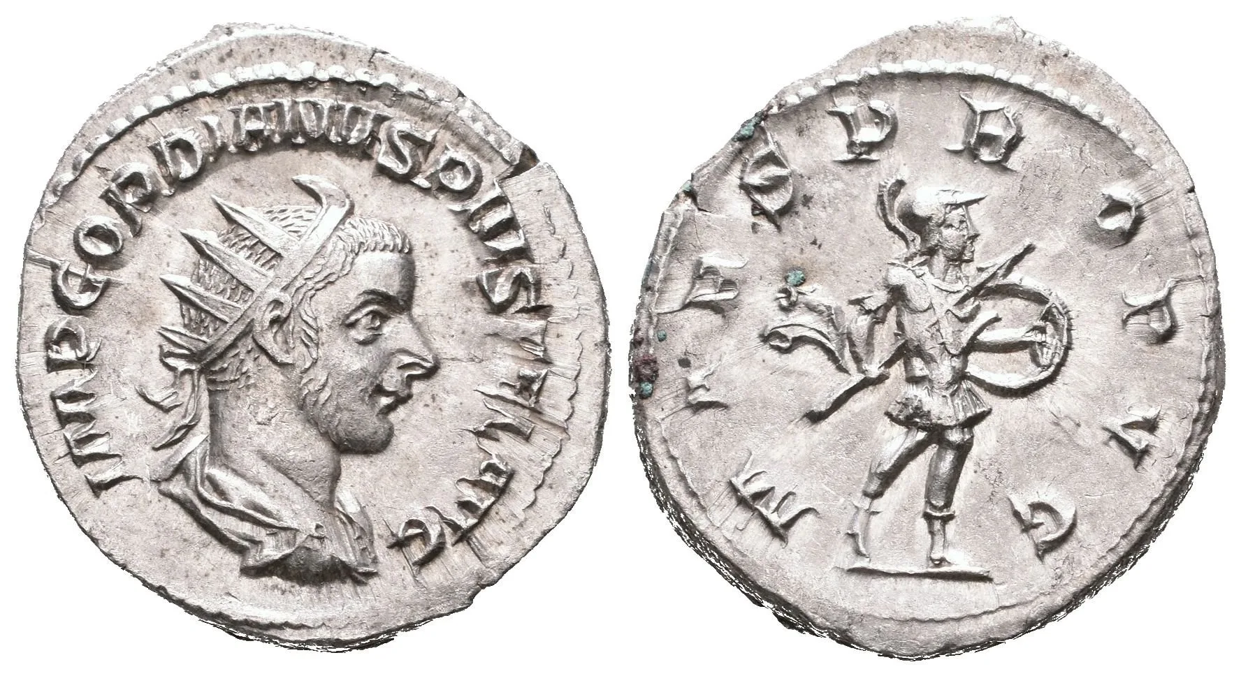 Antoninian, 243 - 244, Rv: MARS PROPVG, kráčející Mars doprava nese oštěp a štít, — 1