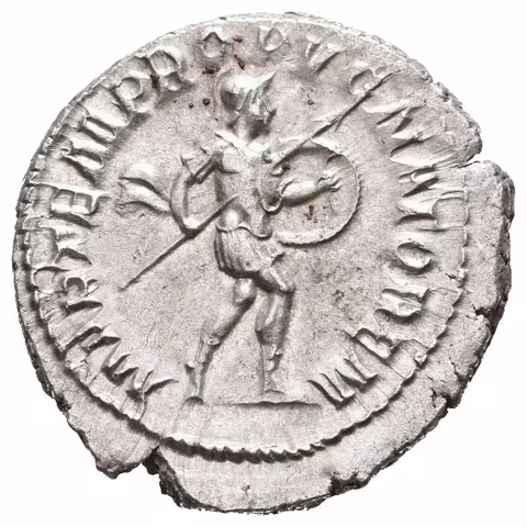 Antoninian, 243 - 244, Rv: MARTEM PROPVGNATOREM, kráčející Mars doprava nese