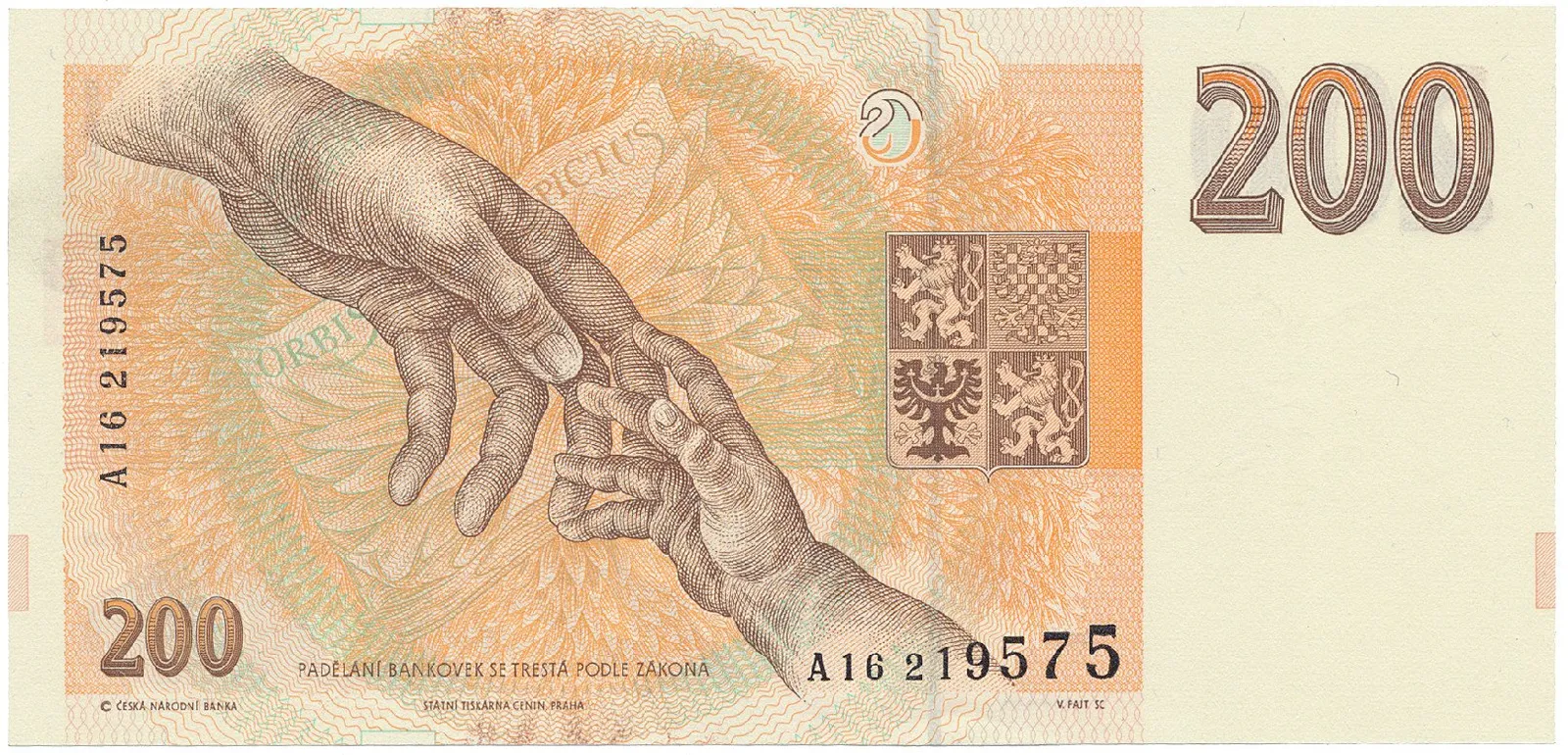 Česká republika, 200 Koruna 1993, série A, proužek "200 Kčs", žlutý papír na Rv., Hej..CZ9a1