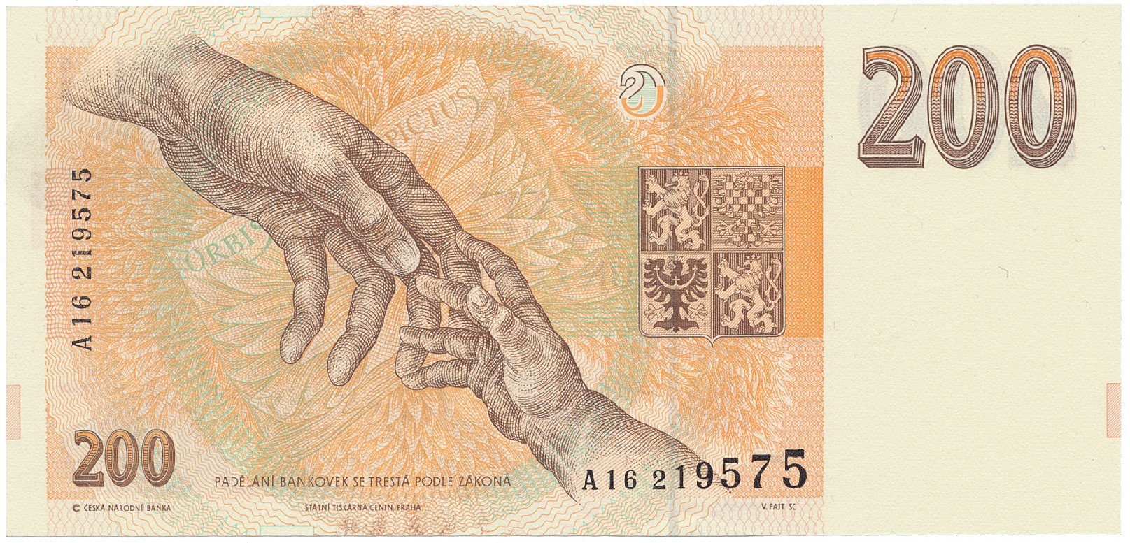 Česká republika, 200 Koruna 1993, série A, proužek "200 Kčs", žlutý papír na Rv., Hej..CZ9a1