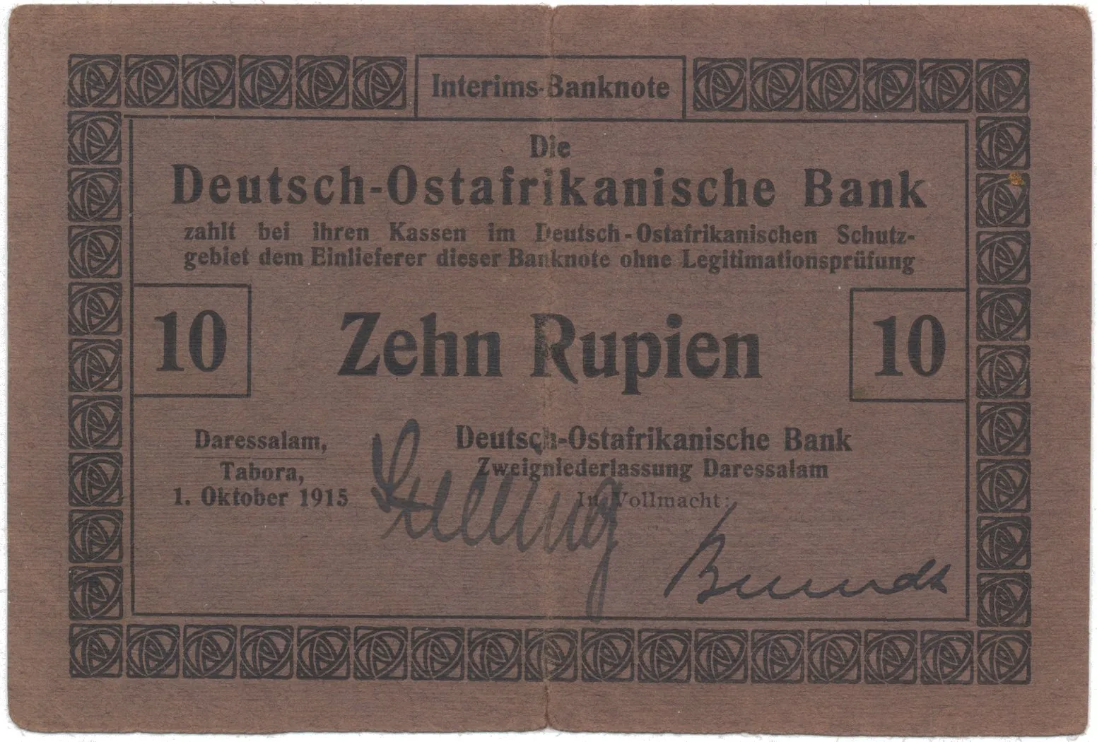 Německá Východní Afrika, 10 Rupien 1. 10. 1915, R.912a, jiné podpisy