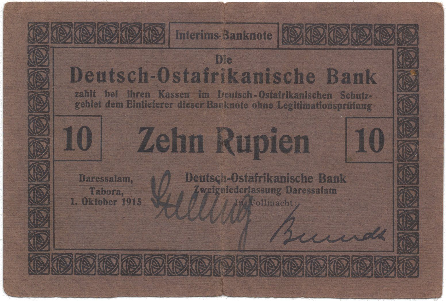 Německá Východní Afrika, 10 Rupien 1. 10. 1915, R.912a, jiné podpisy
