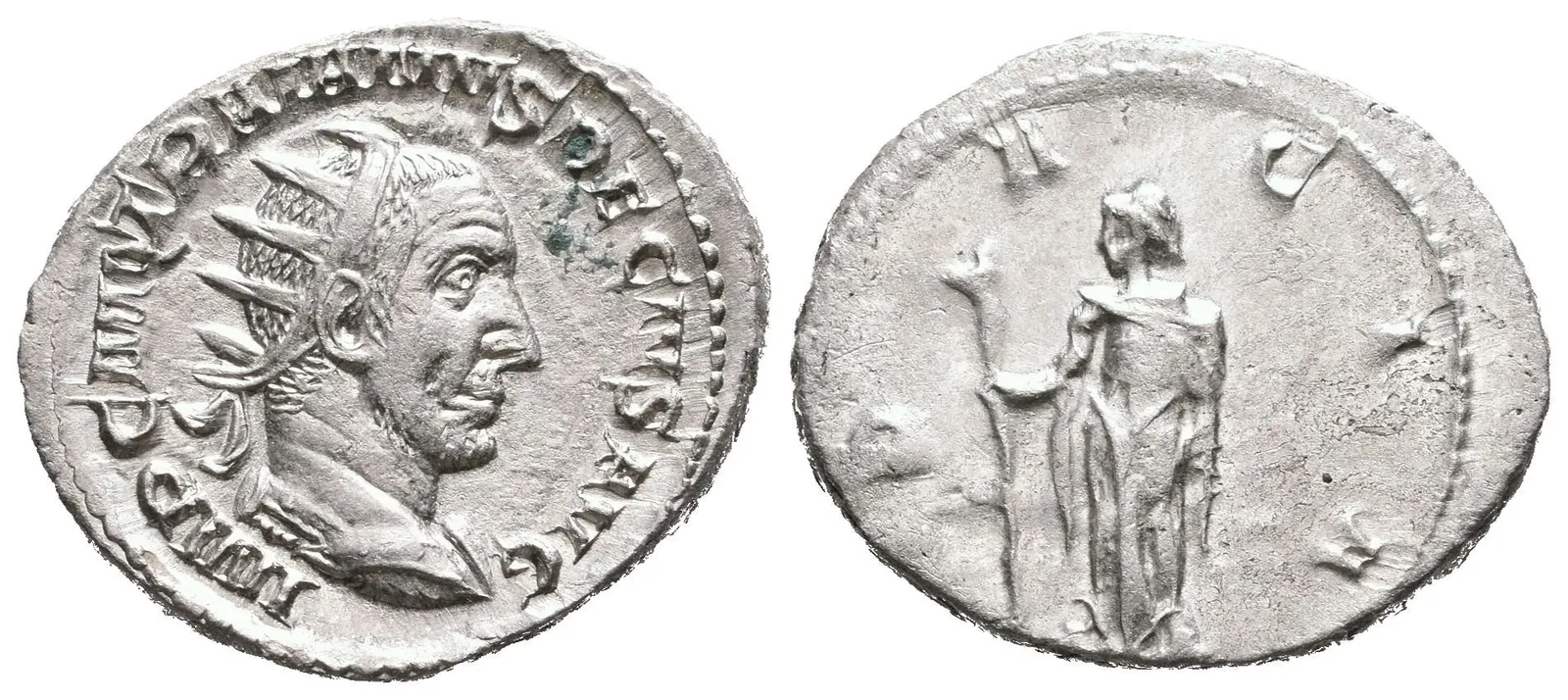 Antoninian, 249 - 251, Rv: DACIA, stojící Dacia zleva drží dlouhou hůl zakončenou — 1