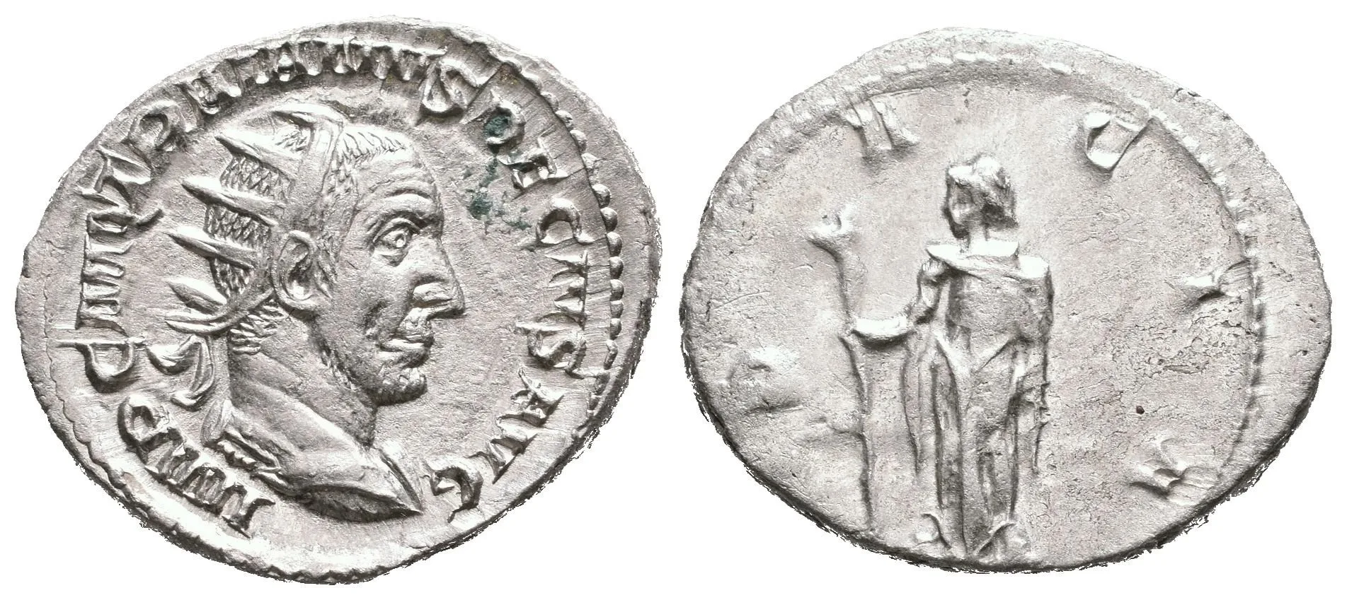 Antoninian, 249 - 251, Rv: DACIA, stojící Dacia zleva drží dlouhou hůl zakončenou — 1
