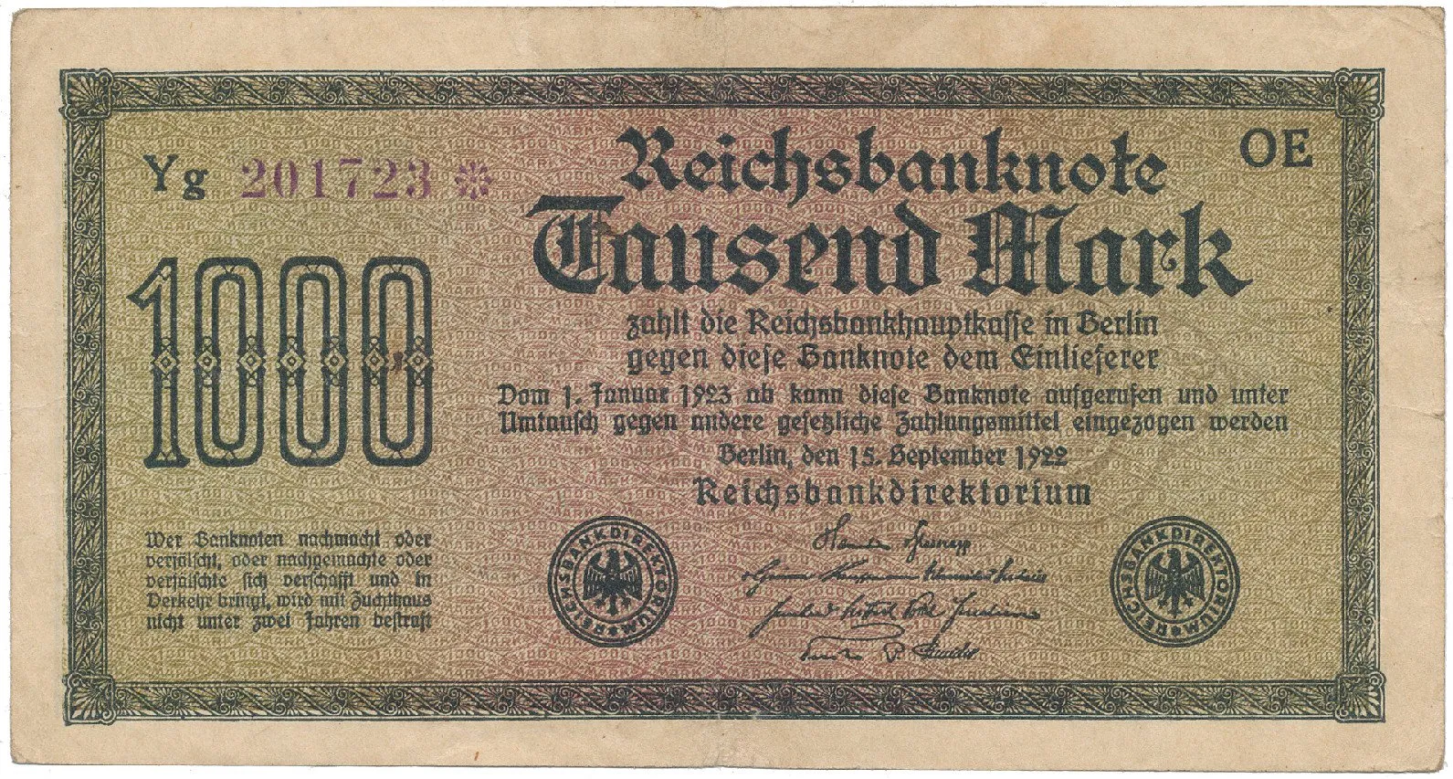 Německo, 1000 Mark 1922, vod. Kreuzblütten, fialové číslo, Ro.75k