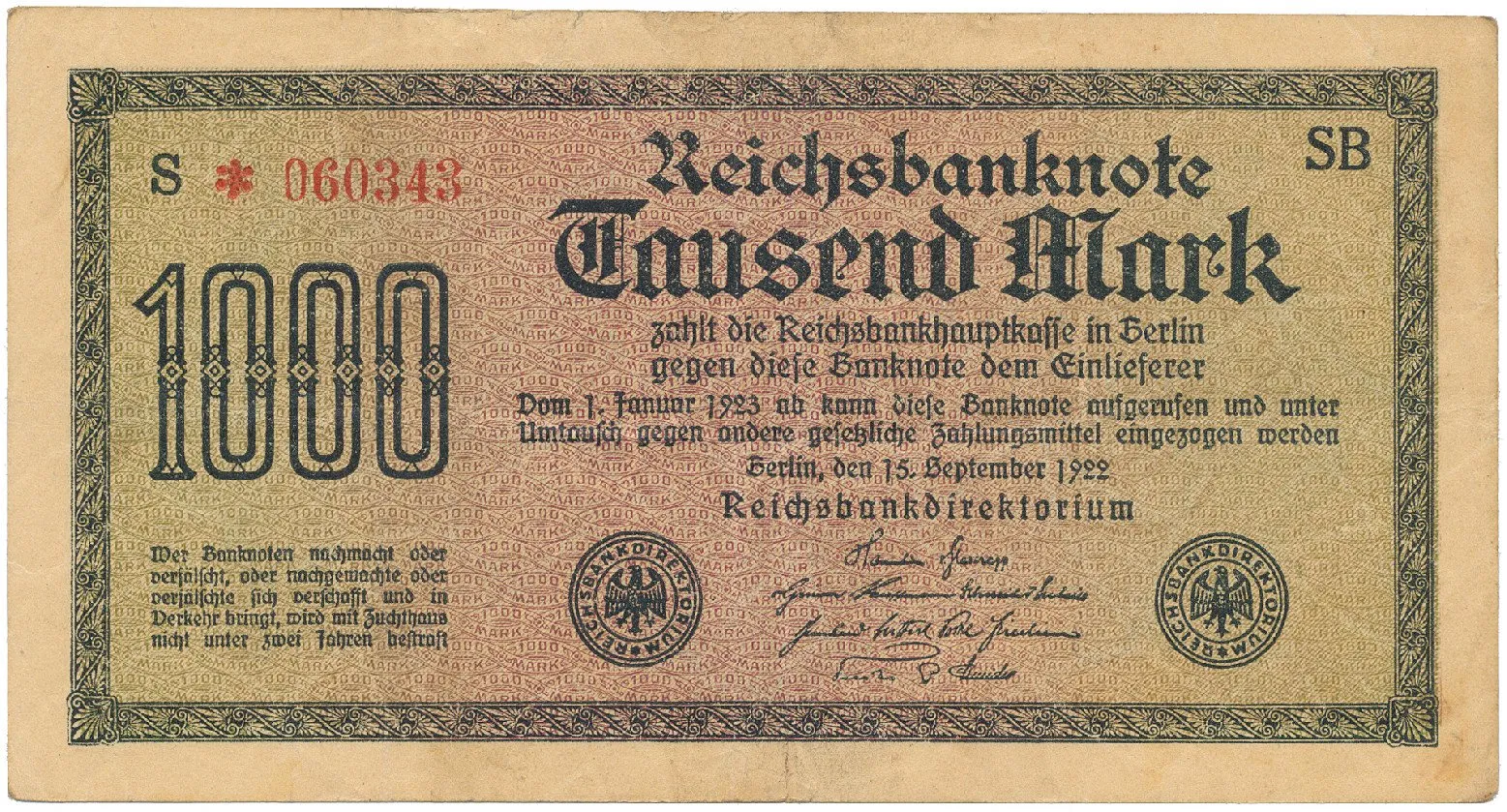 Německo, 1000 Mark 1922, vod. Dornen, Ro.75d