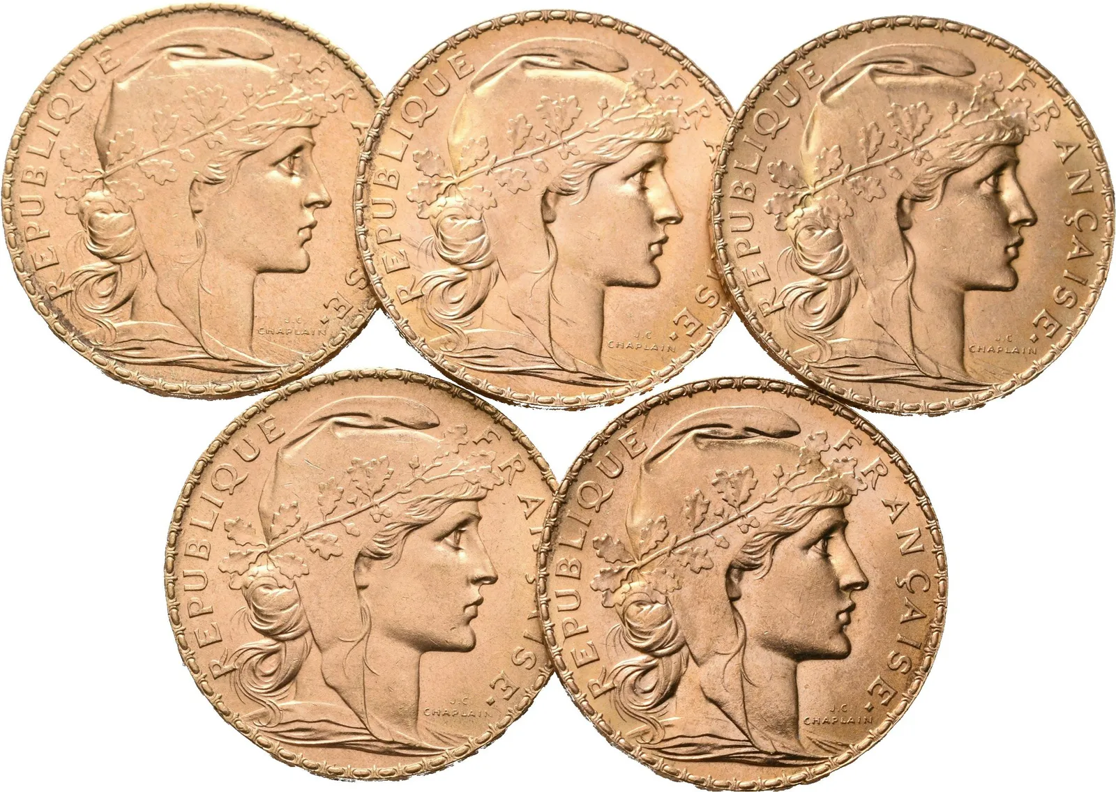 Francie, Investiční set 5 kusů 20 Franků 1908