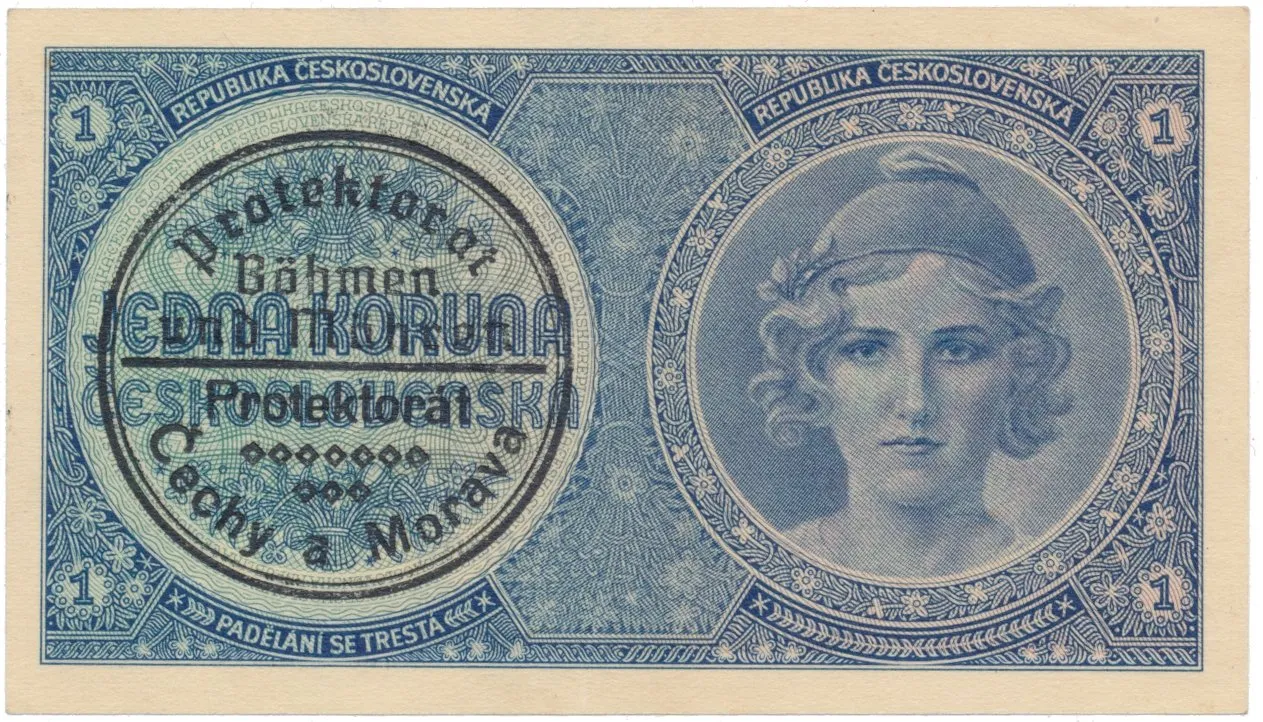1 Koruna b.d. (1938/1940), strojní razítko, Hej.28b