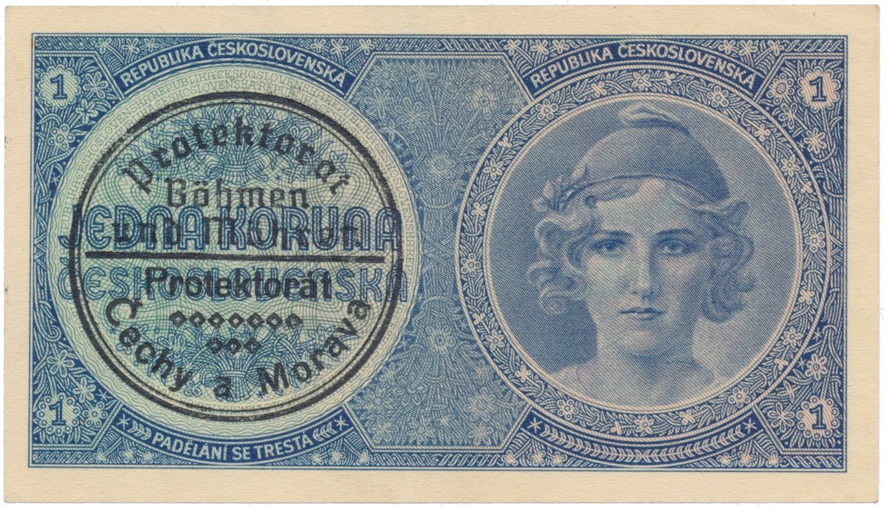 1 Koruna b.d. (1938/1940), strojní razítko, Hej.28b