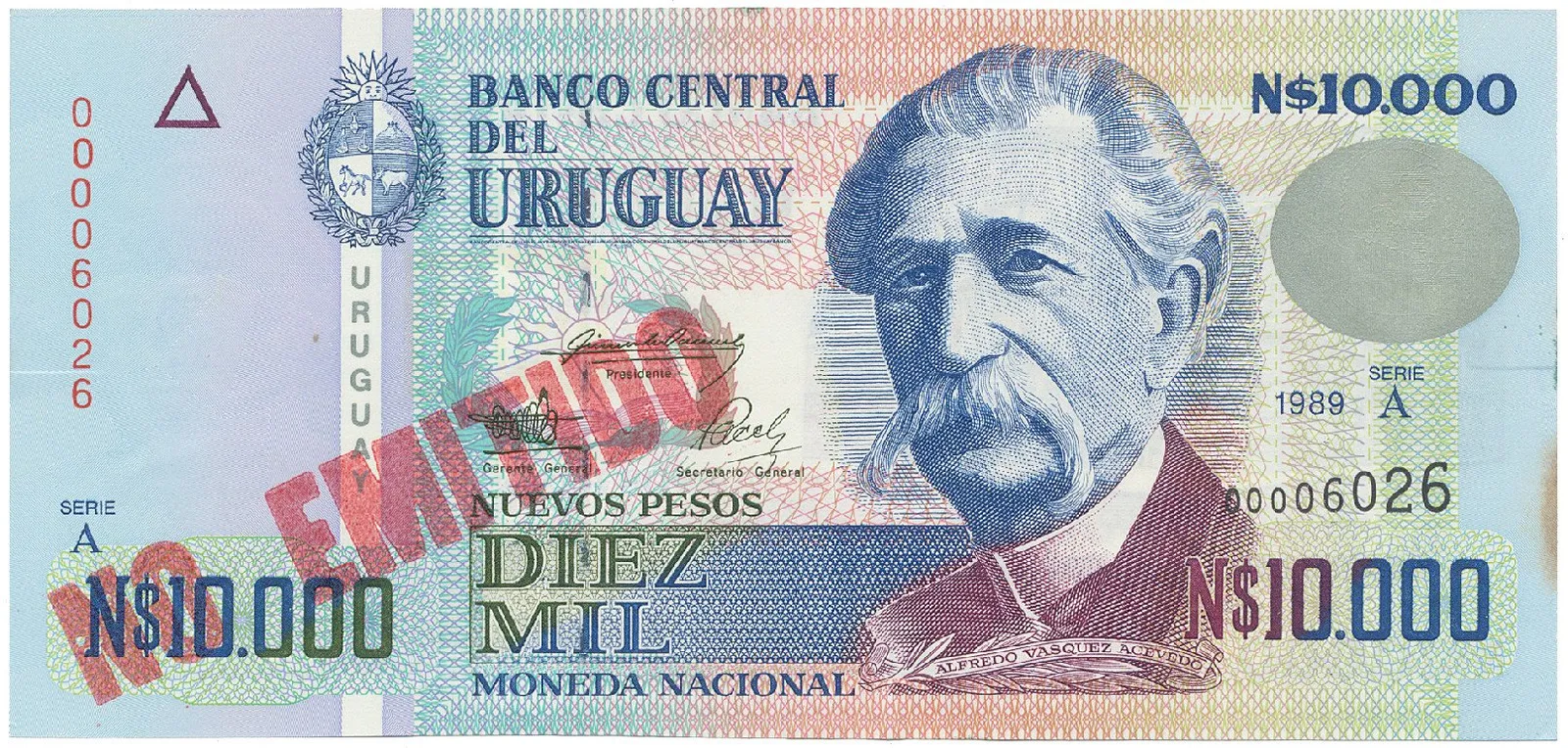 Uruguay, 10.000 Nuevos Pesos 1989, přetisk NO EMITADO, P.68Bs