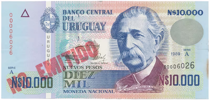 Uruguay, 10.000 Nuevos Pesos 1989, přetisk NO EMITADO, P.68Bs