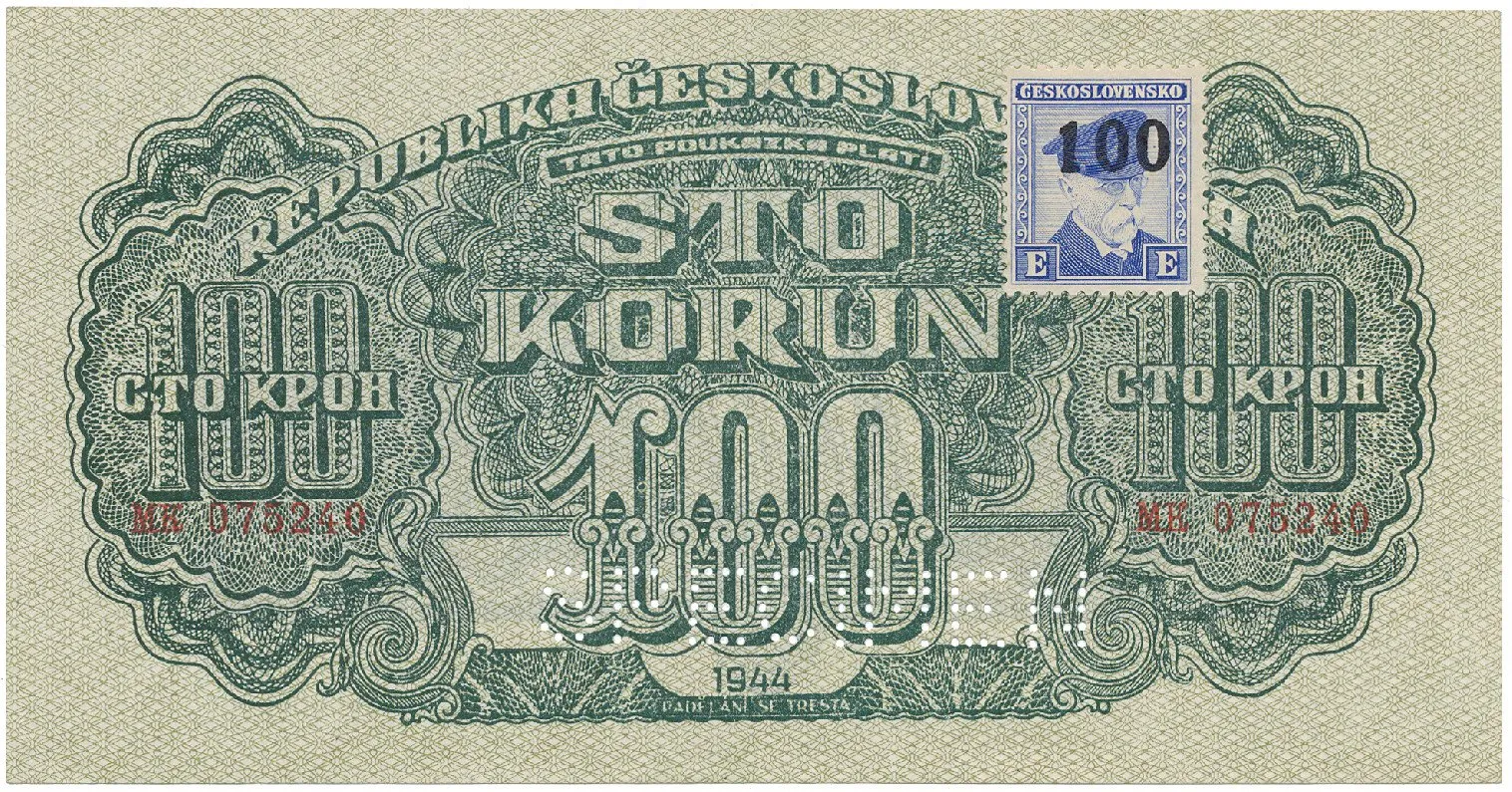 Československo, 100 Koruna 1944/1945, kolkovaná, číslovač 19 mm, perf. 1x SPECIMEN dole, Hej.66a.S2