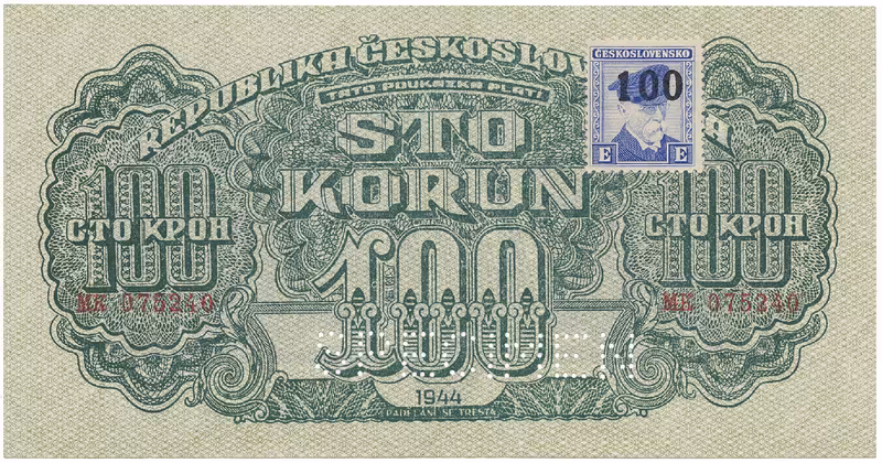 Československo, 100 Koruna 1944/1945, kolkovaná, číslovač 19 mm, perf. 1x SPECIMEN dole, Hej.66a.S2