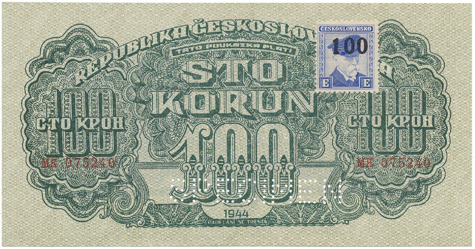 Československo, 100 Koruna 1944/1945, kolkovaná, číslovač 19 mm, perf. 1x SPECIMEN dole, Hej.66a.S2