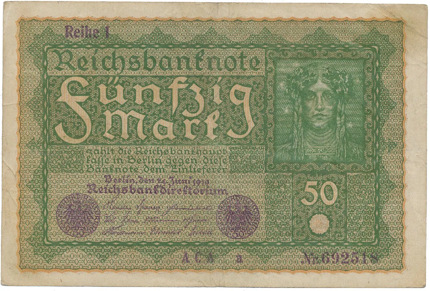 Německo, 50 Mark 1919, Reihe 1, Ro.62a