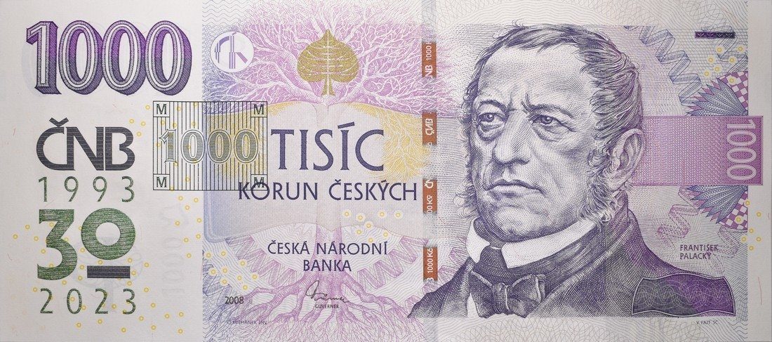 1000 Koruna 2008/2023, série R 76, s pamětním přítiskem 30 let ČNB, 1993-2023