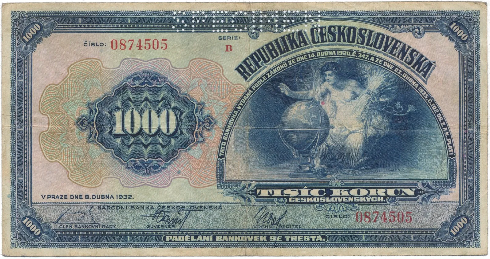 1000 Koruna 1932, série B, SPECIMEN, Hej.26a.S1