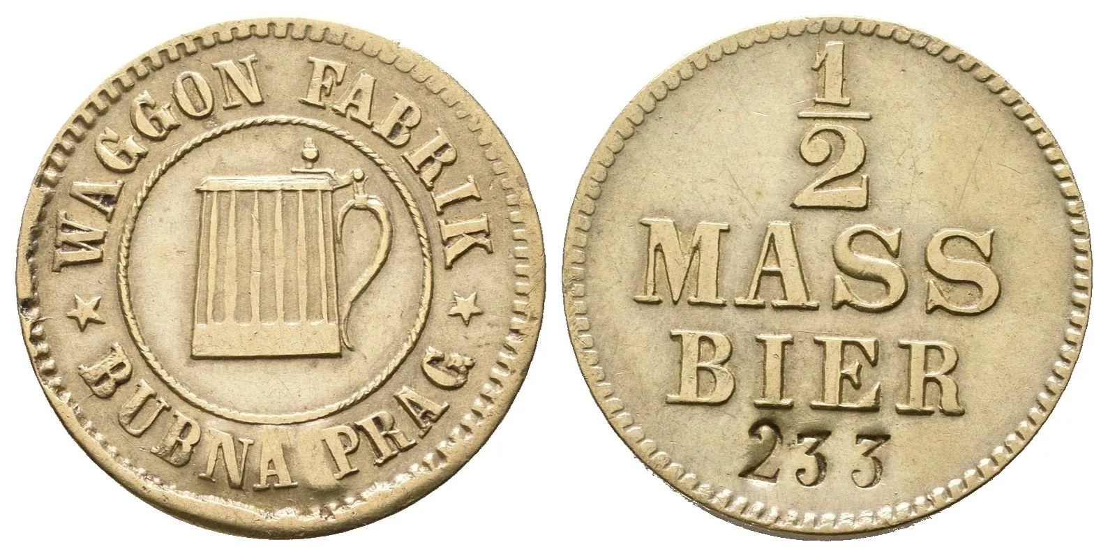 Praha - Wagon Fabrik Bubna, známka na 1/2 mázu piva. Ms 19 mm — 1