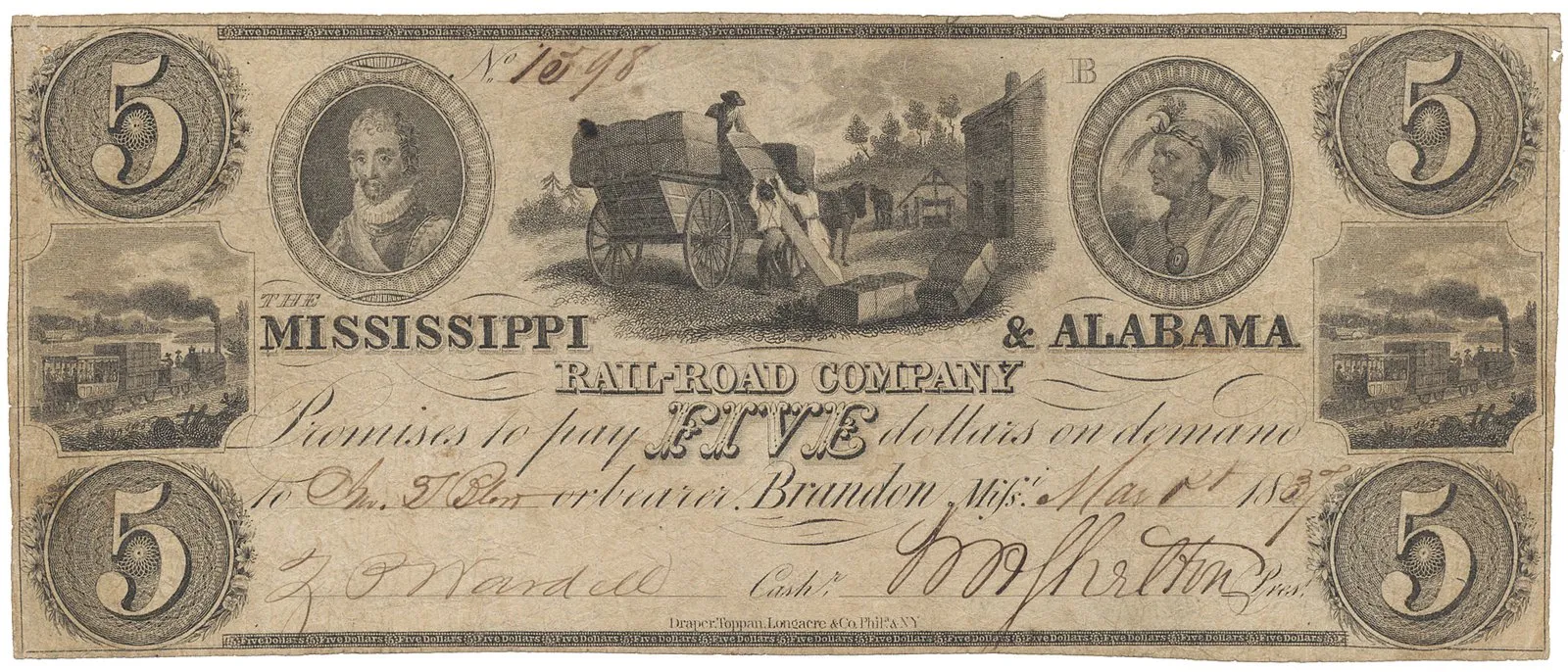 USA, Brandon, The Mississippi & Alabama Rail Road Company, 5 Dollars 1.3. 1857