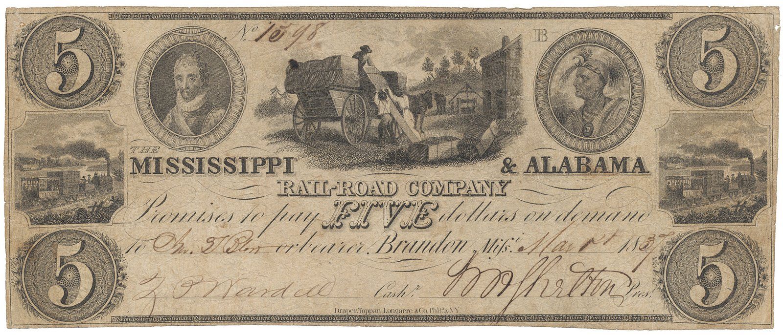 USA, Brandon, The Mississippi & Alabama Rail Road Company, 5 Dollars 1.3. 1857