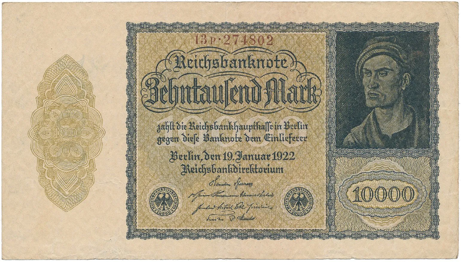 Německo, 10.000 Mark 1922, firemní 6-místný číslovač, Ro.69c