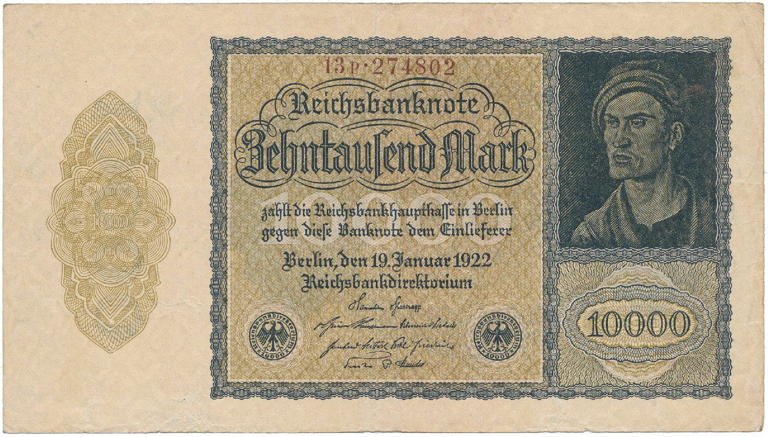 Německo, 10.000 Mark 1922, firemní 6-místný číslovač, Ro.69c