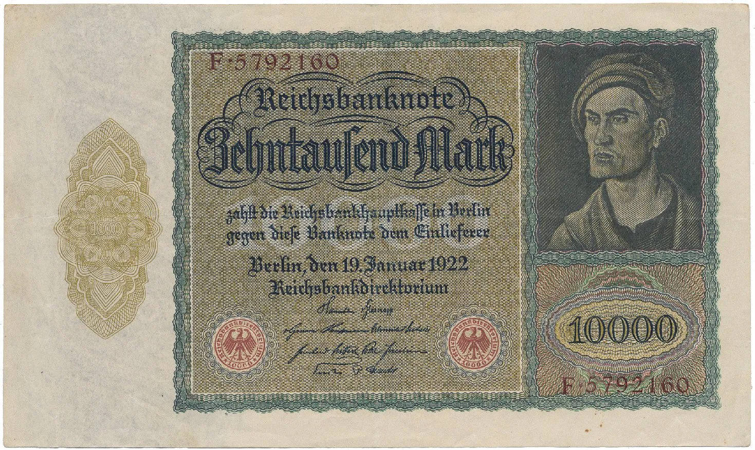 Německo, 10.000 Mark 1922, velký formát, zjednodušený obraz na Rv., Ro.68b
