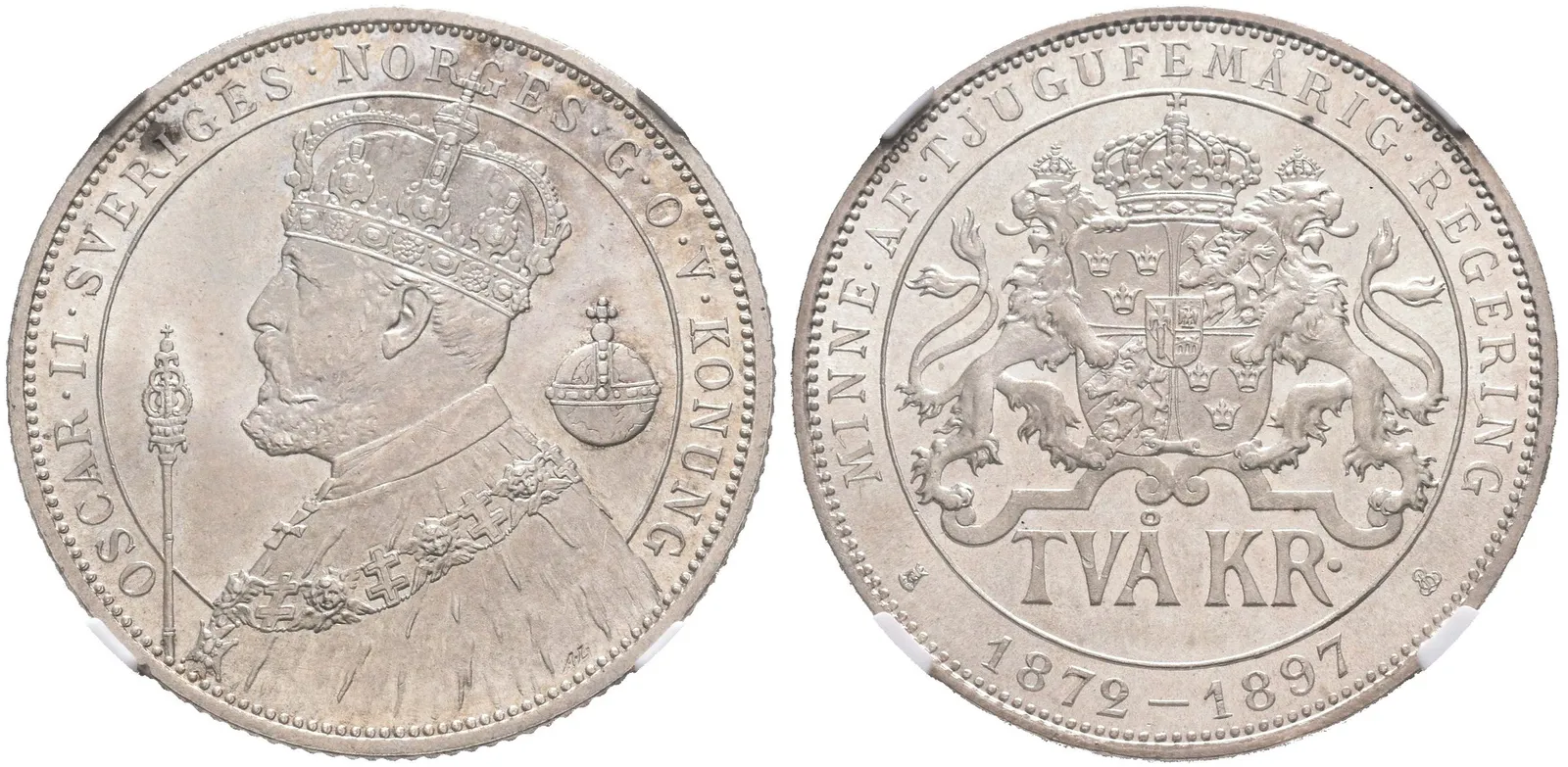2 Kronor 1897 EB - 25. výročí panování, KM.762, certifikace NGC, hodnocení MS 66, — 1