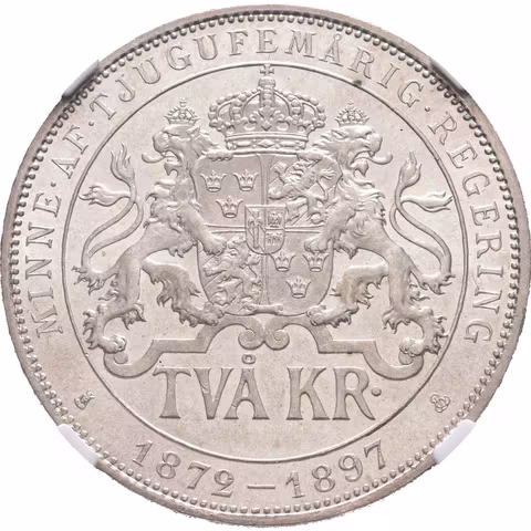 2 Kronor 1897 EB - 25. výročí panování, KM.762, certifikace NGC, hodnocení MS 66,