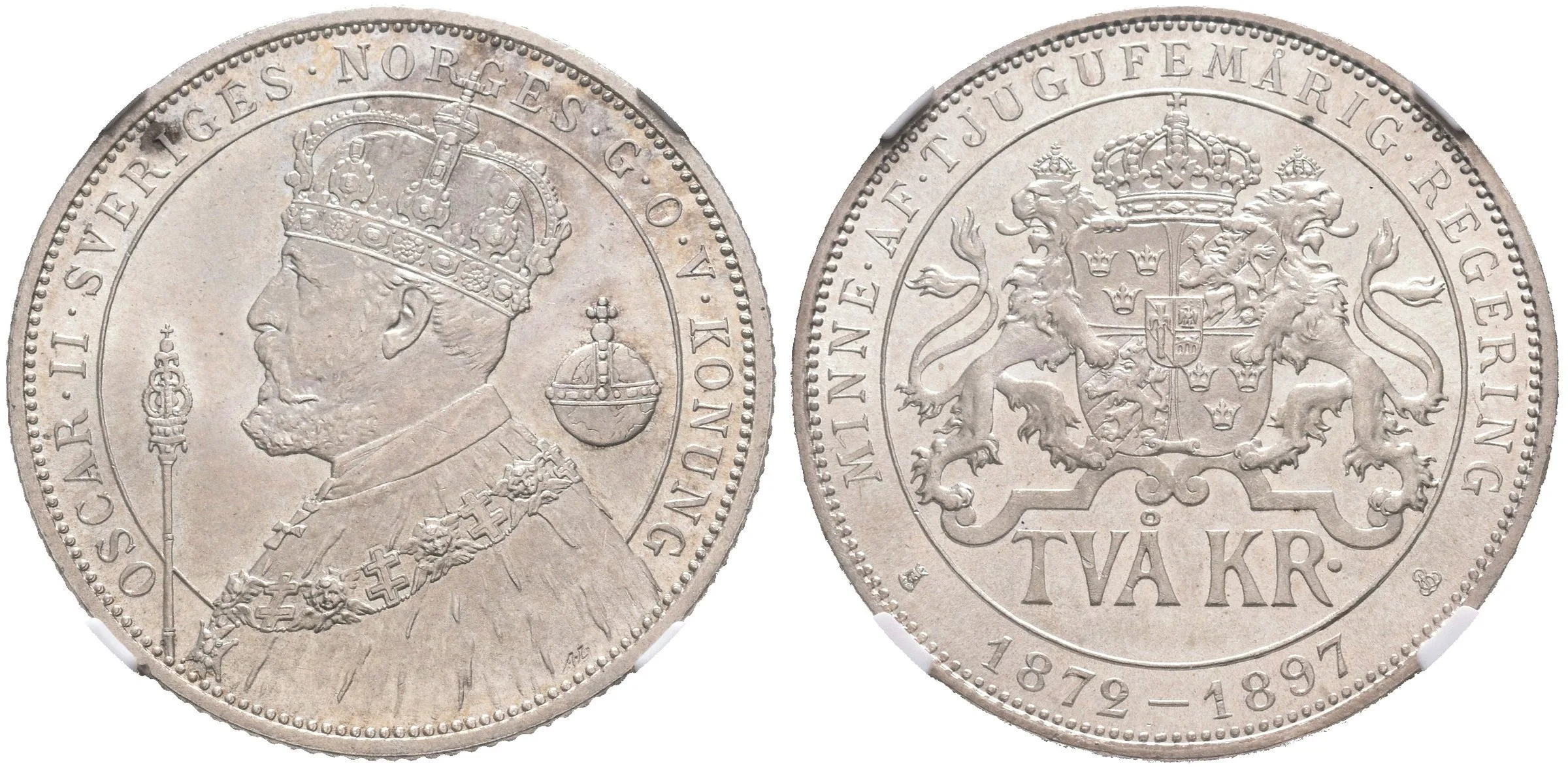 2 Kronor 1897 EB - 25. výročí panování, KM.762, certifikace NGC, hodnocení MS 66, — 1