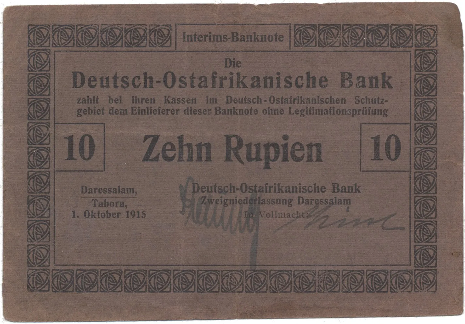 Německá Východní Afrika, 10 Rupien 1. 10. 1915, R.912a, varianta číslovače