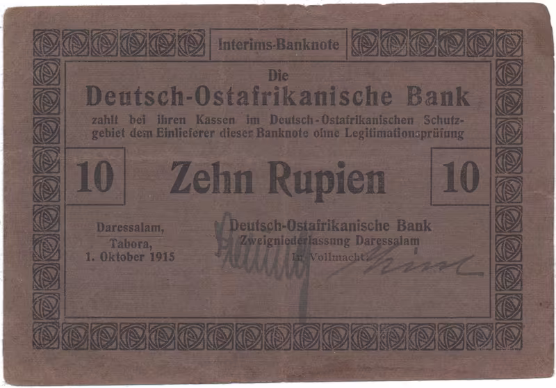 Německá Východní Afrika, 10 Rupien 1. 10. 1915, R.912a, varianta číslovače