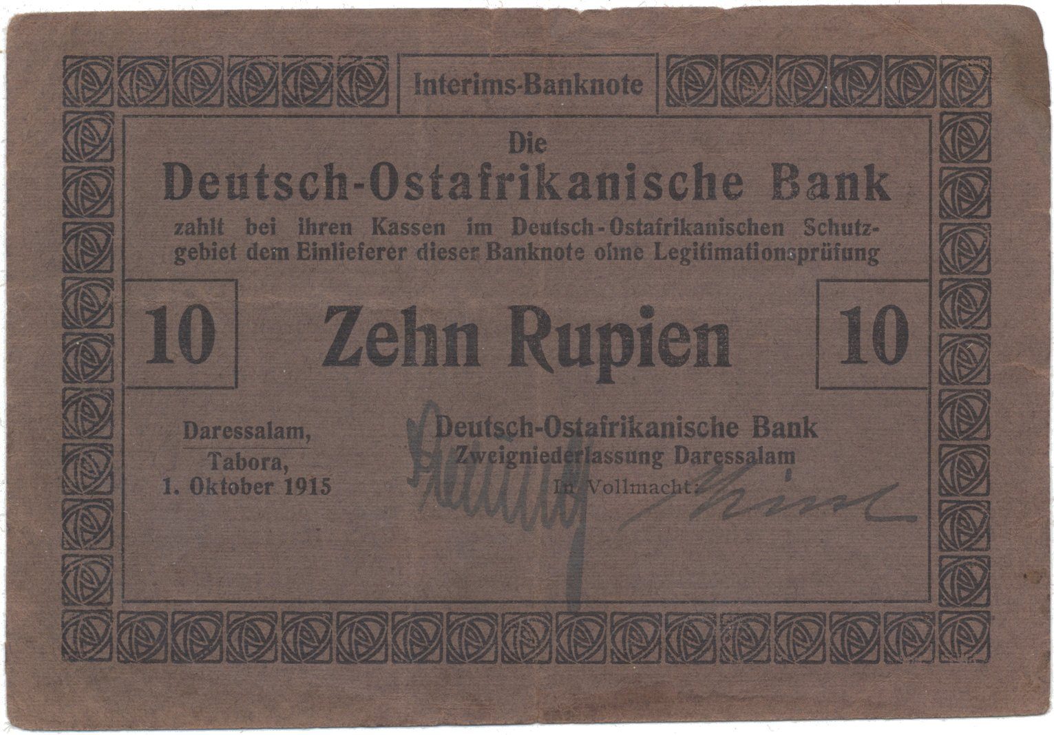 Německá Východní Afrika, 10 Rupien 1. 10. 1915, R.912a, varianta číslovače