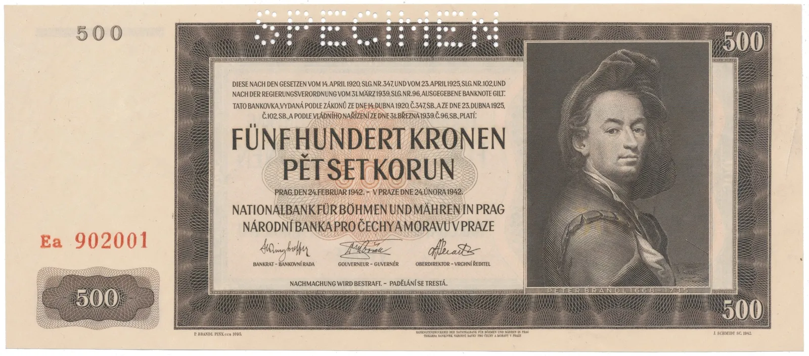 500 Koruna 1942, II. vydání, SPECIMEN, Hej.36a.S1