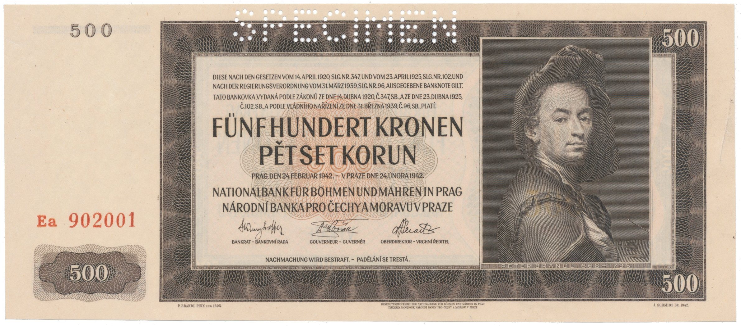 500 Koruna 1942, II. vydání, SPECIMEN, Hej.36a.S1