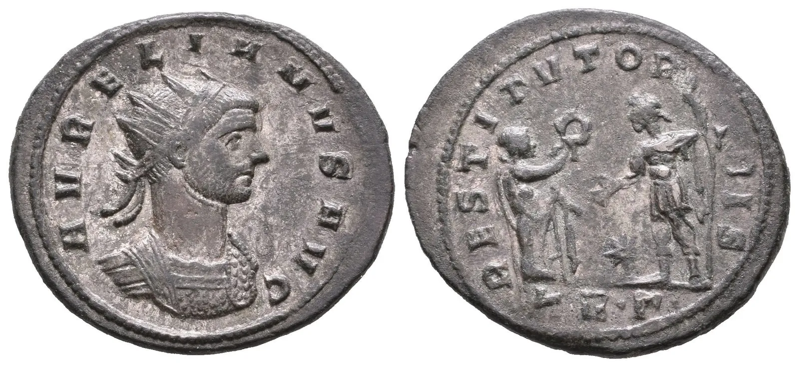 Antoninian, Cyzicus, Rv: RESTITVTOR ORBIS, stojící žena předává císaři s oštěpem — 1