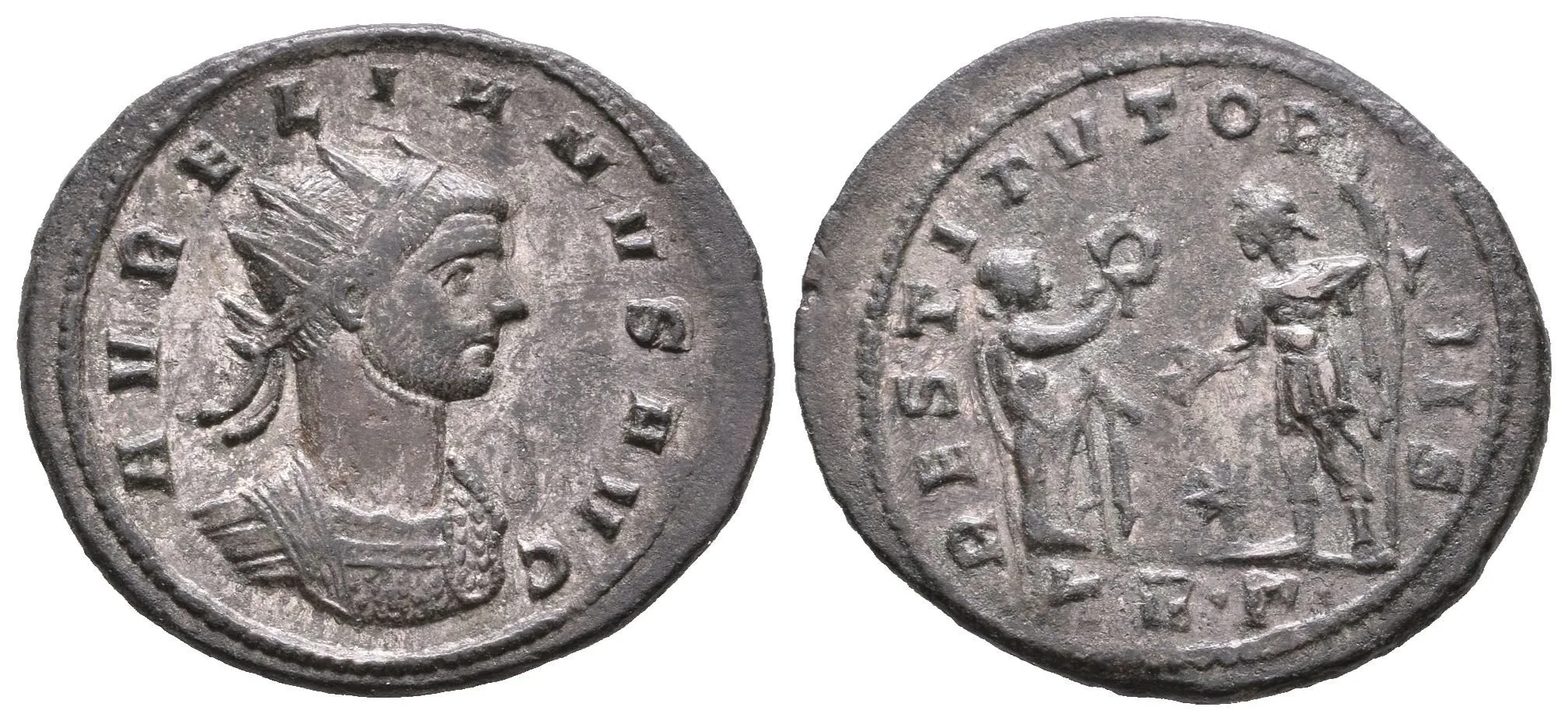 Antoninian, Cyzicus, Rv: RESTITVTOR ORBIS, stojící žena předává císaři s oštěpem — 1