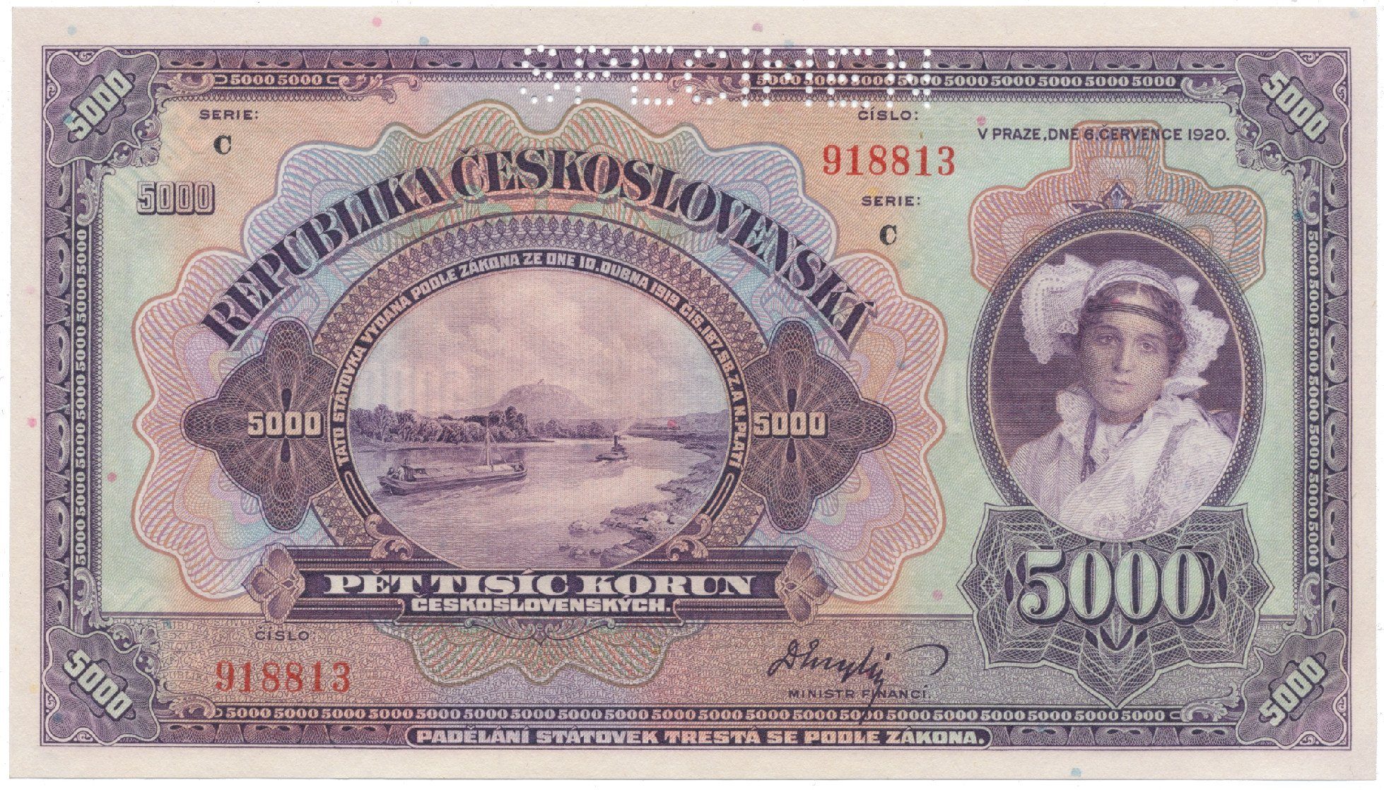5000 Koruna 1920, série C, SPECIMEN, Hej.17b.S1