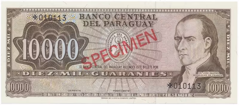 Paraguay, 10.000 Guaranies 1952, SPECIMEN, P.204cs