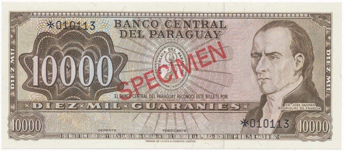 Paraguay, 10.000 Guaranies 1952, SPECIMEN, P.204cs