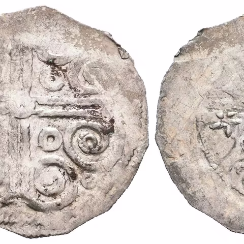 Široký fenik pro 2. křížovou výpravu 1147-1148. Široký berlový kříž s kroužky mezi rameny,
