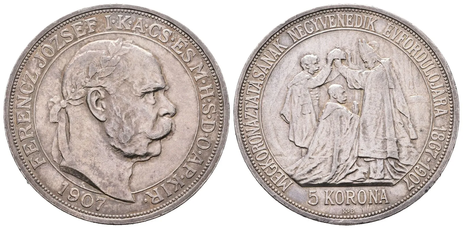 5 Koruna 1907 KB - 40. výročí korunovace na uherského krále v Budapešti