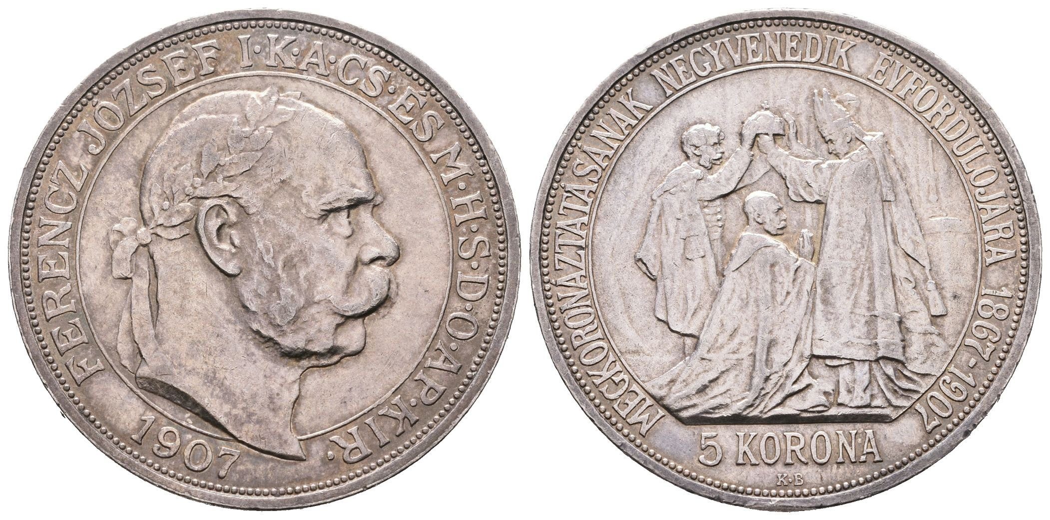 5 Koruna 1907 KB - 40. výročí korunovace na uherského krále v Budapešti
