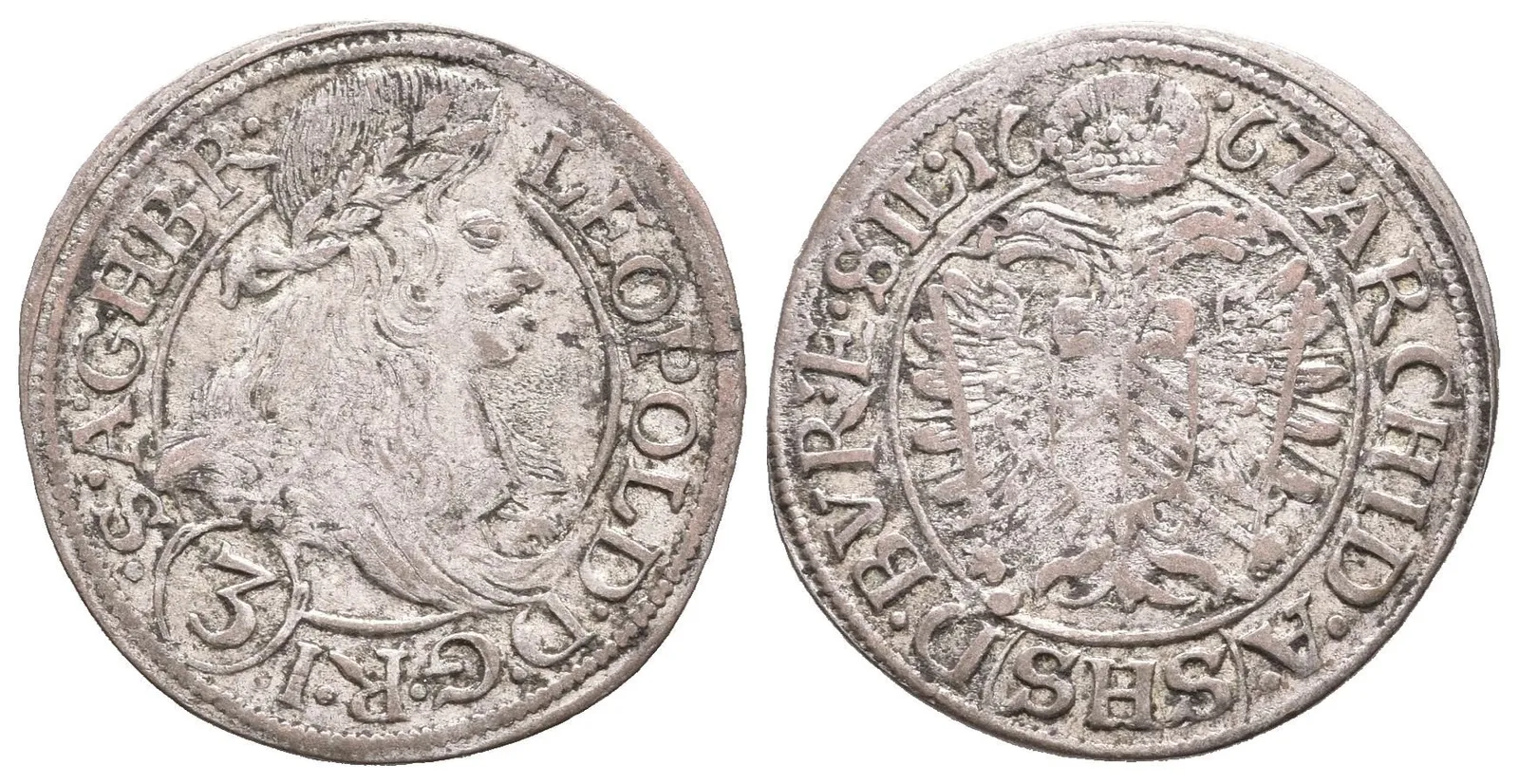 3 Krejcar 1667 SHS, Vratislav-Hammerschmidt, Hal.1620, patina, vady střížku — 1