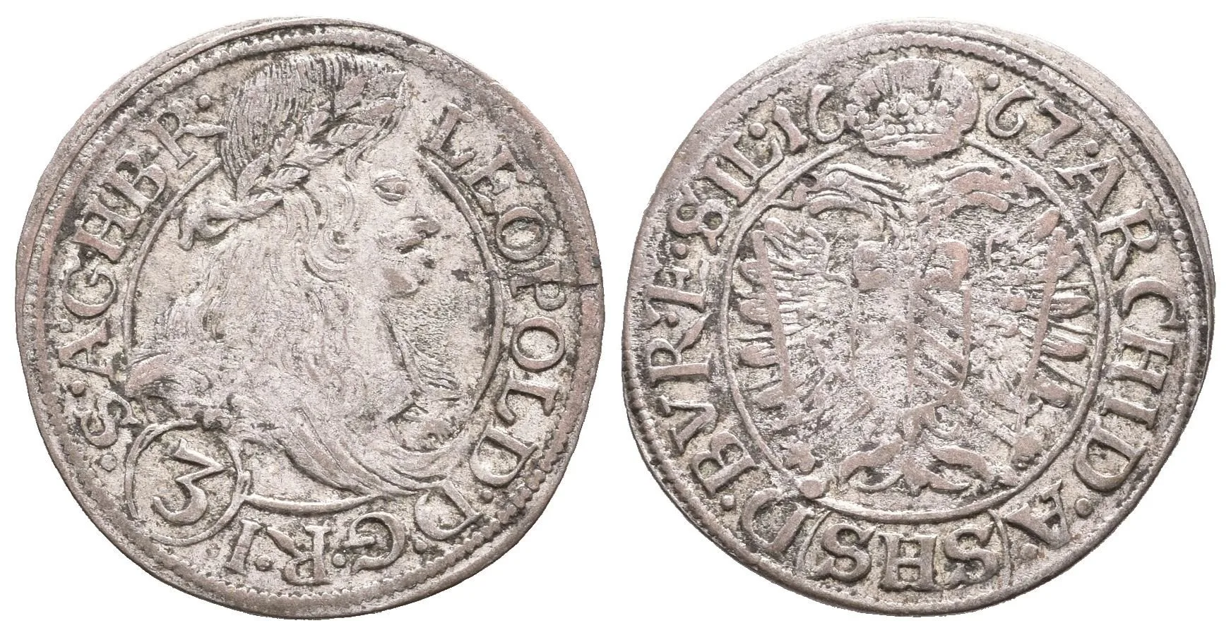 3 Krejcar 1667 SHS, Vratislav-Hammerschmidt, Hal.1620, patina, vady střížku — 1